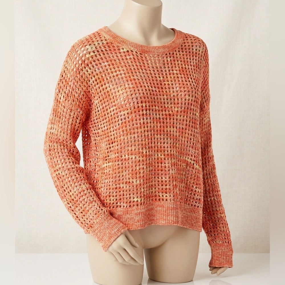 DKNY Lightweight Open Weave Knit Sweater Bright Orange Summer Spring Pullover